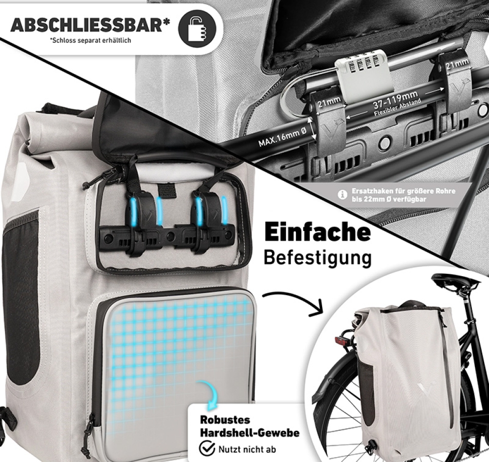 Valkental UrbanX grau - Fahrradtasche & Rucksack kombiniert